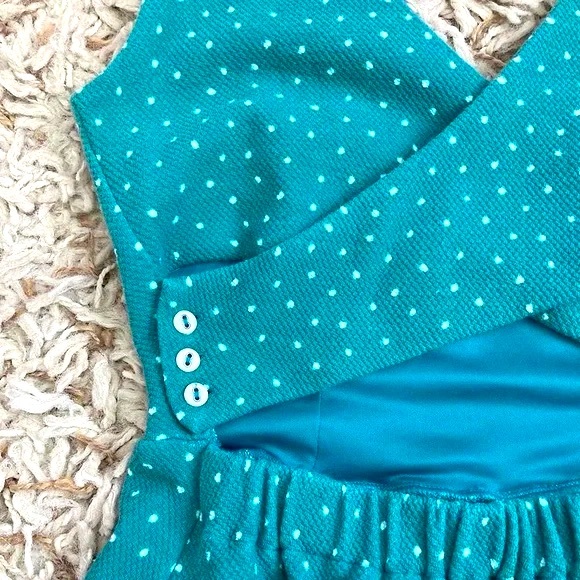 LC by Lauren Conrad Greenish Blue Polka Dot Skater Cross Back Flared Mini Dress - Picture 3 of 4